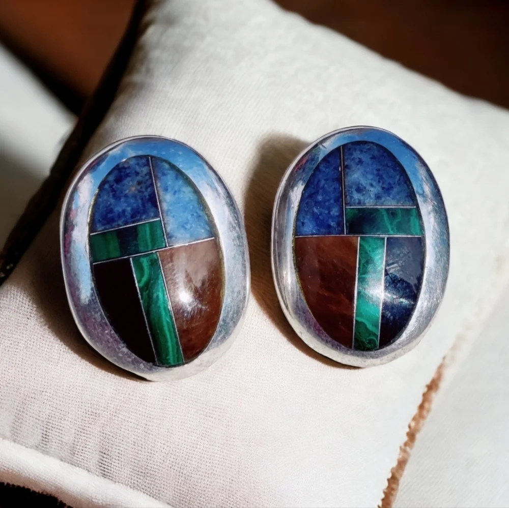 Vintage heavy 950 fine silver Mosaic taxco signed stone earrings - Picture 1 of 15